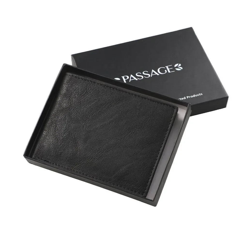 PASSAGE Black Genuine Leather RFID Bi-Fold Wallet
